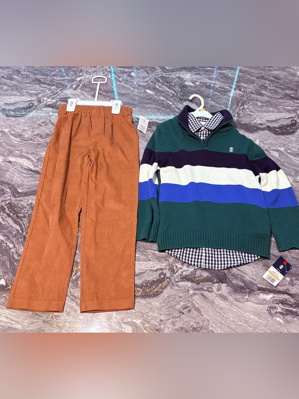 New Izod Boys Stripe Pullover Sweater, Plaid Shirt and Corduroy Pant Set Size 7